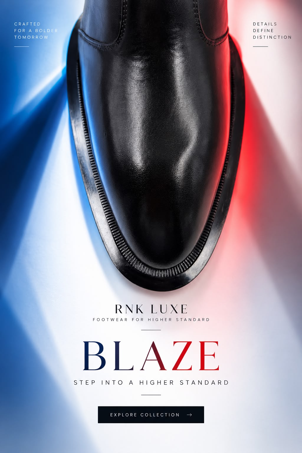 Close-up of the Blaze black leather toe and welt finishing