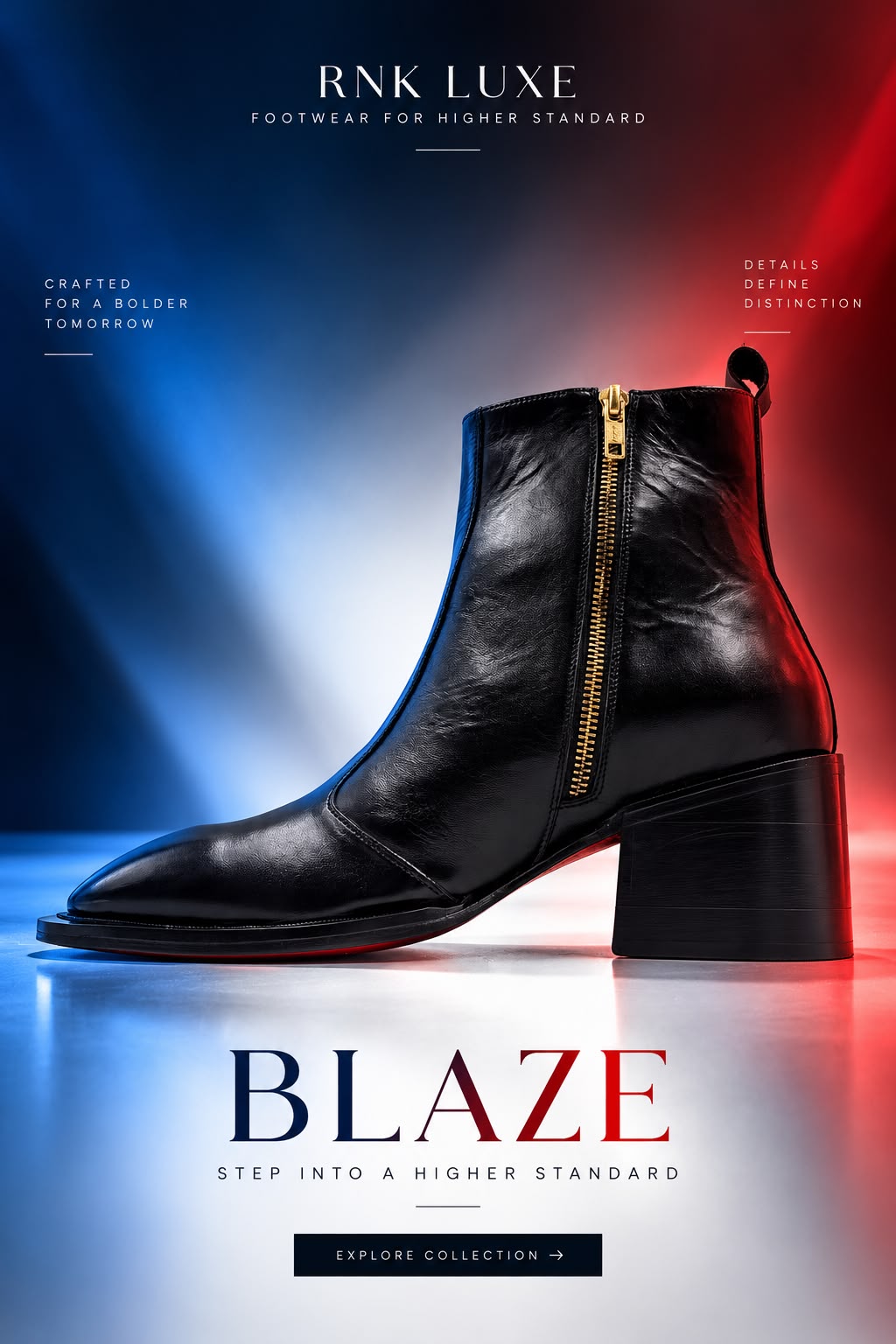 RNK Luxe Blaze black leather boot campaign artwork