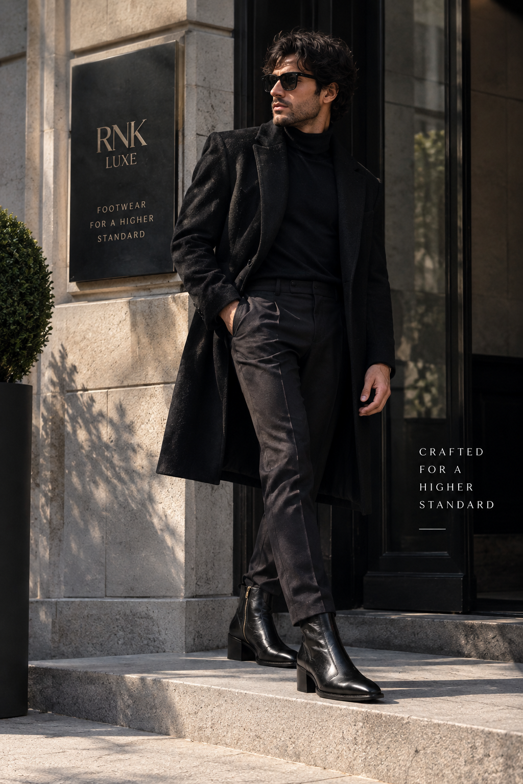 Model wearing RNK Luxe Blaze boots outside a luxury entrance