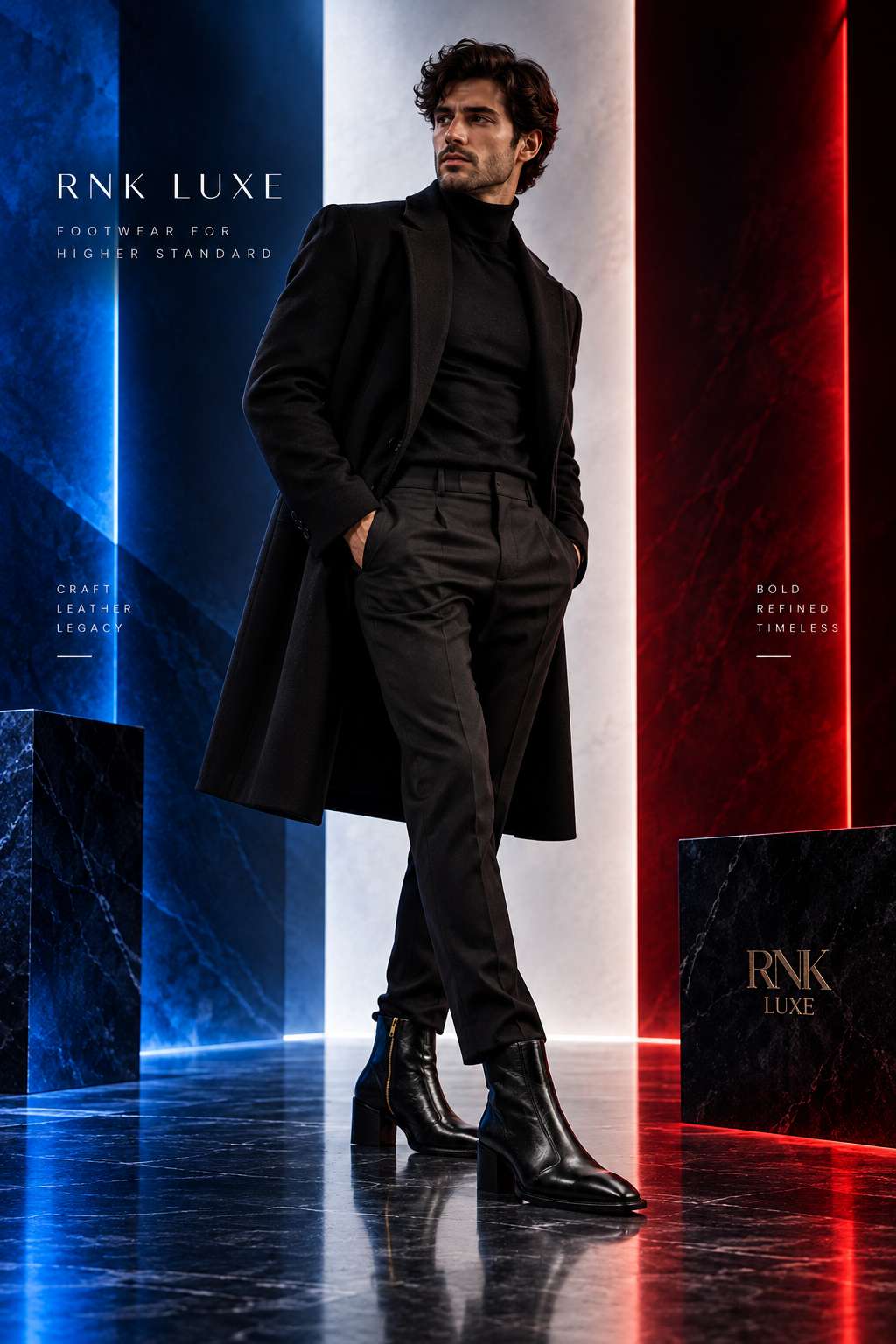 Full-body editorial of a model wearing RNK Luxe Blaze boots in a blue and red studio
