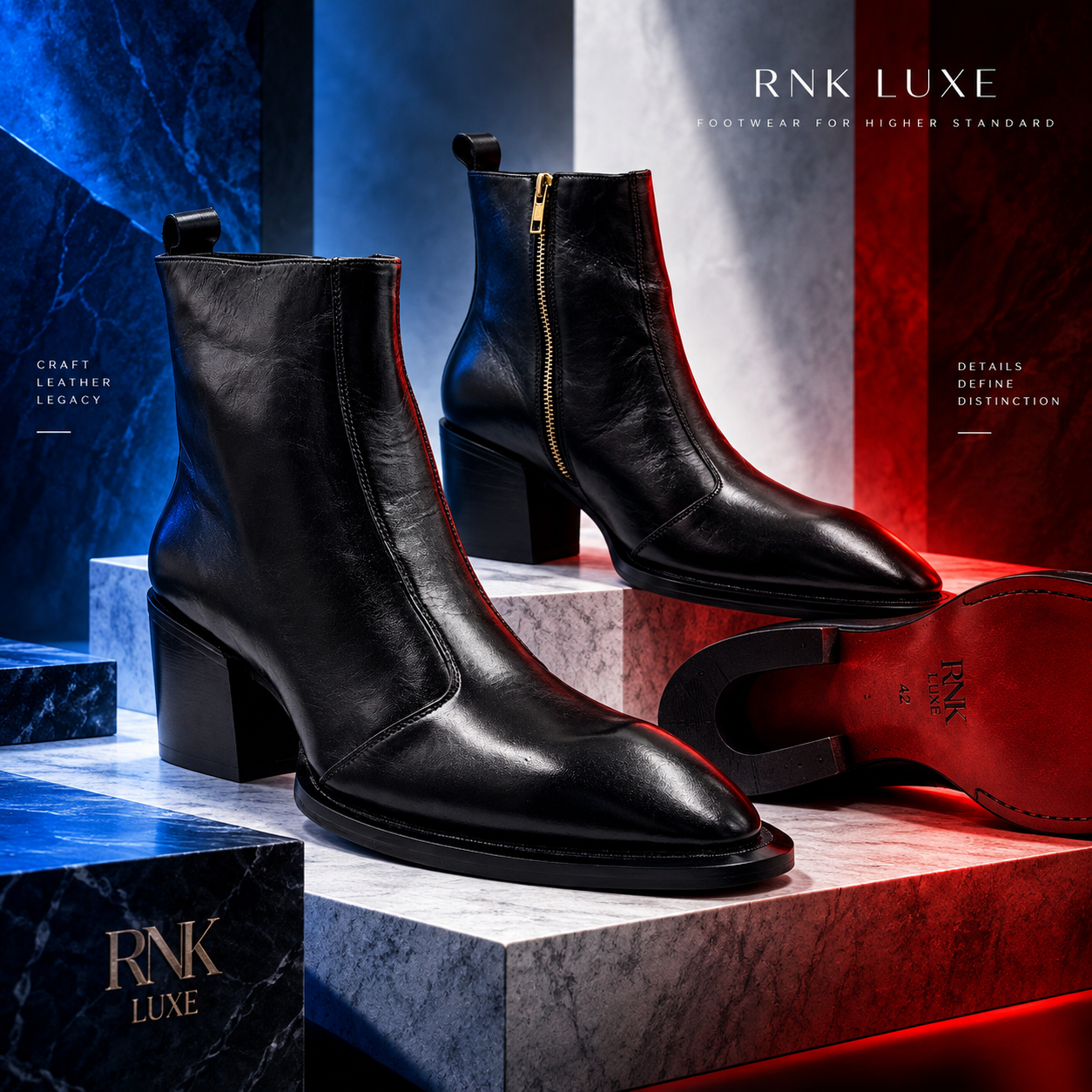 Pair of RNK Luxe Blaze boots displayed with the signature red sole