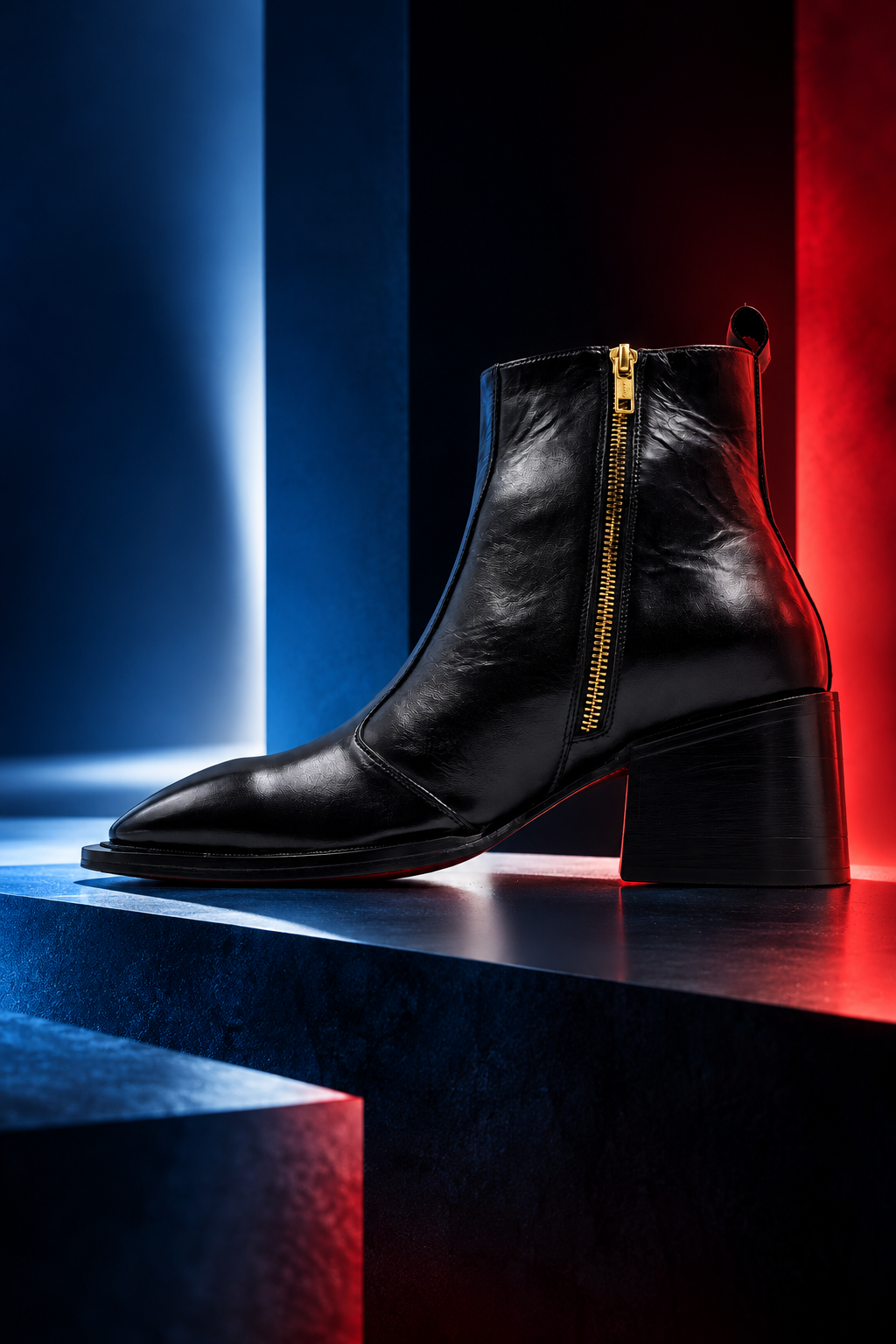 Side profile of the RNK Luxe Blaze black leather boot with gold zipper
